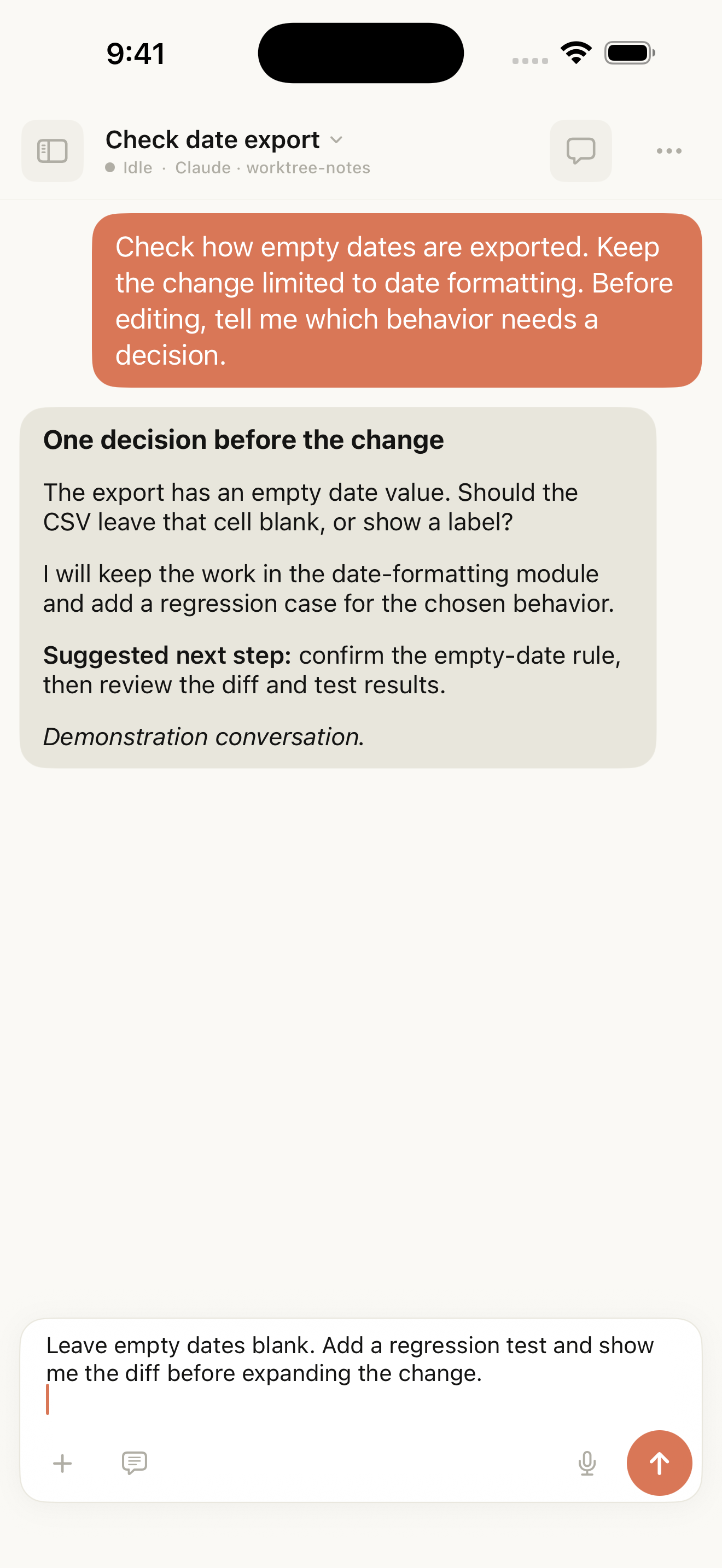 Tactic Remote 1.10 iPhone conversation with sample data